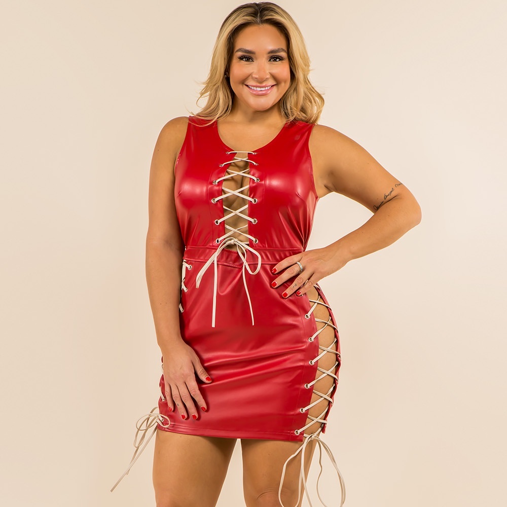 Plus Size Leather Laced Tie Cut Out Dress